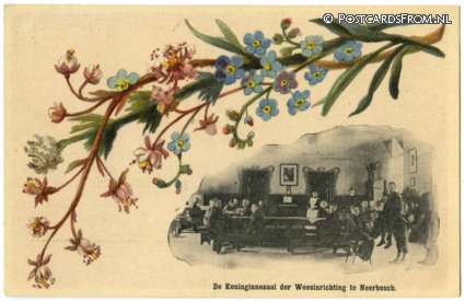 ansichtkaart: Neerbosch, De Koninginnezaal der Weesinrichting. Randversiering