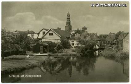Hindeloopen, Groeten uit. Stadsgezicht met Westertoren ansichtkaart: Hindeloopen, Groeten uit. Stadsgezicht met Westertoren
