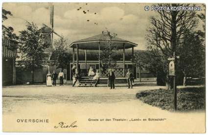 ansichtkaart: Overschie, Groete uit den Theetuin 'Land- en Schiezicht'. Molen