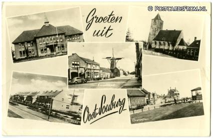 Oost-Souburg, Raadhuis - Kerk - Kanaalstraat - Bermweg - Oranjeplein ansichtkaart: Oost-Souburg, Raadhuis - Kerk - Kanaalstraat - Bermweg - Oranjeplein