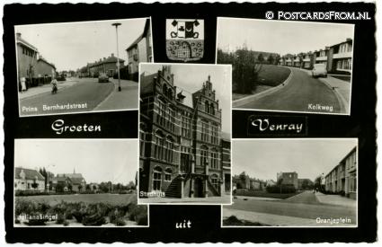 ansichtkaart: Venray, Groeten uit. Berhardstraat-Kolkweg-Julianasingel-Oranjeplein
