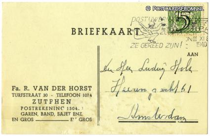 Zutphen, Fa. R. van der Horst, Turfstraat 30 ansichtkaart: Zutphen, Fa. R. van der Horst, Turfstraat 30