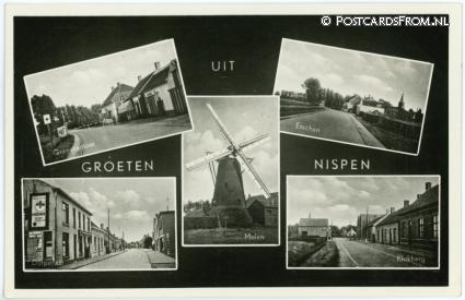 ansichtkaart: Nispen, Grenskantoor - Esschen - Molen - Dorpstraat - Klokberg