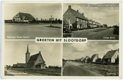 ansichtkaart: Slootdorp, Kon. Emma hoeve - Lange Brink - Geref. Kerk - Slootweg