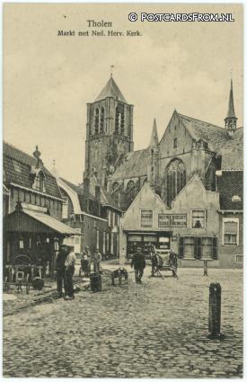 Tholen, Markt met Ned. Herv. Kerk. Hoefsmid ansichtkaart: Tholen, Markt met Ned. Herv. Kerk. Hoefsmid