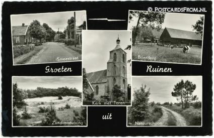 ansichtkaart: Ruinen, Smeestraat - Boerderij - Kerk met Toren - Zandverstuiving