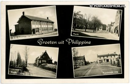 ansichtkaart: Philippine, R.K. School 'St. Aloysius' - Markt - Posthoornweg - Prov. weg
