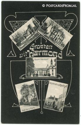 ansichtkaart: Warmond, Ruine - Pastorie - Huyze Warmont - N.H. Kerk - Raadhuis