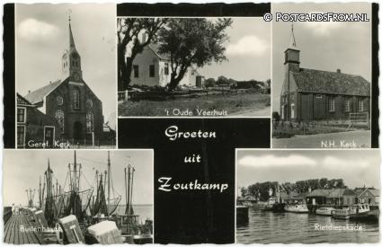 Zoutkamp, Ger Kerk - Oude Veerhuis - NH Kerk - Buitenhaven - Rietdiepskade ansichtkaart: Zoutkamp, Ger Kerk - Oude Veerhuis - NH Kerk - Buitenhaven - Rietdiepskade
