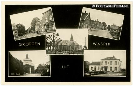 Waspik, Benedenkerk - Hoek - R.K. Kerk - Gemeentehuis ansichtkaart: Waspik, Benedenkerk - Hoek - R.K. Kerk - Gemeentehuis