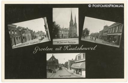 ansichtkaart: Kaatsheuvel, Hoofdstraat met Stadhuis - St. Jan met Pastorie - Peperstraat