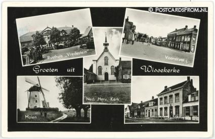 ansichtkaart: Wissenkerke, Rusthuis 'Vredestein' - Voorstraat - Molen - NH Kerk - Gem.huis